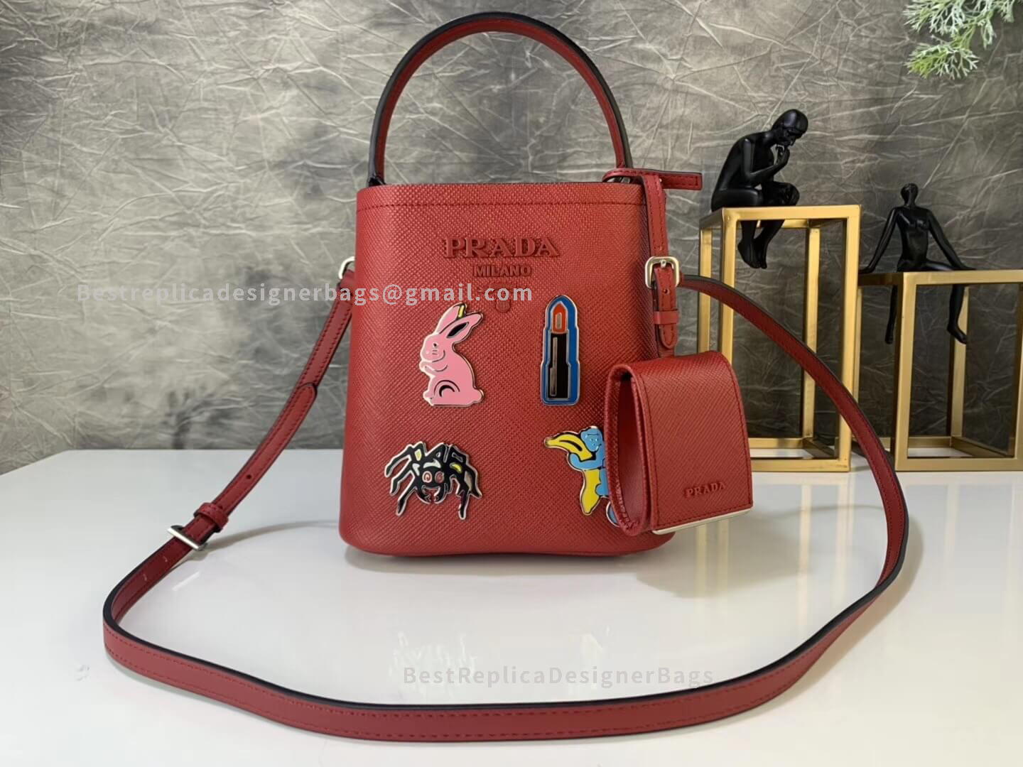 Prada Red Mini Saffiano Leather Bucket Bag With Doll SHW 217